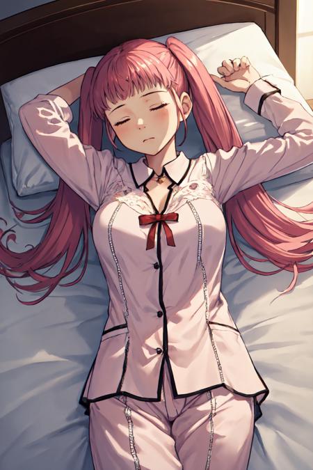 (masterpiece, best quality:1.2), cowboy shot, solo, 1girl, hildarnd, closed mouth, sleeping, lying, twintails, closed eyes, pajamas, bed <lora:fireemblem_goneril_v2:1>