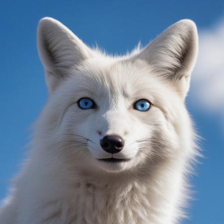 very realistic close-up photography of the head of a white arctix fox with blue eyes, blue sky background with cirrus clouds and slightly hidden sun