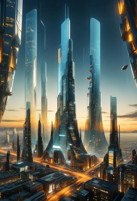 by Artem Chebokha , by Dave McKean , by Alan Schaller , a futuristic cityscape with towering skyscrapers made of transparent material , in the (style of  luminous contour fusion:1.6), complex, circular, colossal scale, limited dark palette, unusual colors, atmospheric haze, highly dramatic volumetric lighting, professional, finest details, maximized details, ultimate detail level, masterpiece, best quality, highly artistic, highly painterly, harmonic, best composition, expressive, ultimate aesthetic level, masterclass artistry, hyper realistic, UHD, HDR, 8K, cinematic film grain, highest details, high contrast, sharp focus