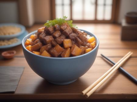 A high-resolution, hyper-realistic image of a bowl of delicious Robabon, a popular dish in Asian cuisine. The Robabon is cooked to perfection, with a sticky and thick texture. It's topped with a variety of colorful vegetables and meat, creating a vibrant and appetizing display. The bowl is placed on a rustic wooden table, with a pair of chopsticks resting on the side. The scene is set in a homey kitchen environment, with all elements in sharp focus, creating a clear and detailed image. The lighting should be natural and soft, highlighting the appetizing qualities of the Robabon and the cozy atmosphere of the setting, <lora:robabon:0.7>