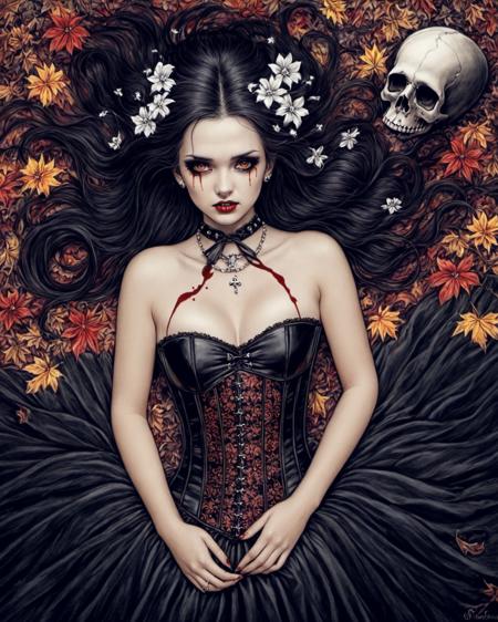 (traditional painting), (drawing), (traditional illustration), (pencil style), (hand drawn with charcoal), (traditional media),
monochrome, sketch
1girl, solo, skull, black hair, flower, long hair, dress, blood, choker, corset, breasts, hair ornament, gothic, cleavage, bare shoulders, black dress, hair flower, medium breasts, lying, leaf, lips, on back, makeup, strapless dress, jewelry, looking at viewer, tears, vampire, strapless, cross, very long hair, facial mark
 <lora:Victoria_Frances_v2_XL:1>