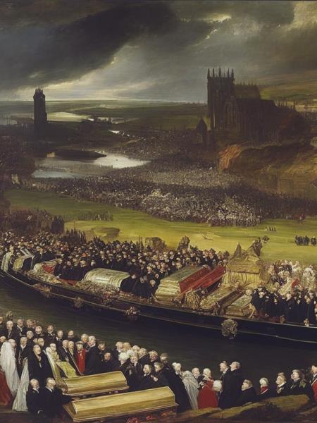 <lyco:Tintoretto:1.0> grimdark painting by Cecily Brown and Edwin Austin Abbey, Celtic river funeral, ritual burial by the river Clyde, multiple mummies in caskets floating down the river, dramatic light, Scottish Picts, funeral doom, ancient decrepitude, pagan heraldry, pagan banner