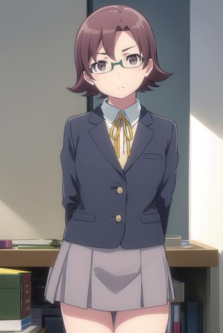 senaakagi, <lora:sena akagi s2-lora-nochekaiser:1>,
sena akagi, short hair, brown hair, glasses, (brown eyes:1.5),
BREAK skirt, ribbon, school uniform, blazer, grey skirt, shirt, white shirt, collared shirt,
BREAK indoors, classroom,
BREAK looking at viewer, (cowboy shot:1.5),
BREAK <lyco:GoodHands-beta2:1>, (masterpiece:1.2), best quality, high resolution, unity 8k wallpaper, (illustration:0.8), (beautiful detailed eyes:1.6), extremely detailed face, perfect lighting, extremely detailed CG, (perfect hands, perfect anatomy),