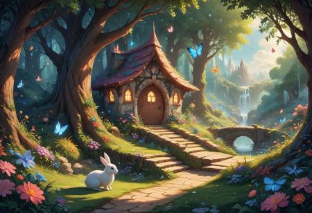 (Isekai anime style.Anime coloring.(0.9))In a whimsical world, a beautiful fairy garden blooms with vibrant flowers and sparkling fountains. A delicate, crystal bridge spans a gentle stream, leading to a majestic tree with leaves that shimmer like diamonds. A friendly, fluffy rabbit hops along the winding path, surrounded by fluttering butterflies and sweet, singing birds. The garden is filled with hidden treasures, like a tiny, glowing fairy door and a secret, shimmering cave. A soft, fluffy cloud drifts lazily across the sky, casting a warm, gentle shadow over the garden. The air is filled with the sweet scent of blooming flowers and the soft, soothing sound of gentle chimes. It's a peaceful, magical place where dreams come alive and wonder waits around every corner.master_class,master_piece,up_8,up_9,perfect beautiful,perfect beautiful early morning light.