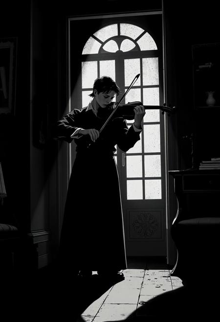 A violinist in a dimly lit room, their instrument glowing softly as if infused with the echoes of forgotten melodies., minimalist comic art meets classical portrait photography, graphic novel composition with painterly lighting, cinematic framing, expressive black-and-white linework fused with old master aesthetics, dramatic chiaroscuro, stylized realism, moody backgrounds with elegant props, symbolic visual storytelling, refined costume elements in graphic contrast, strong narrative focus, figures posed with historical gravitas, vintage portrait atmosphere merged with bold panel layout, sharp visual rhythm, contemporary storytelling through classical form