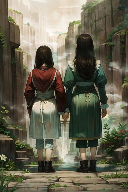 2girls, multiple girls, long hair, boots, from behind, (renaissance dress), full body, brown hair, standing, low-tied long hair, ass, shadow, colored skin, facing away, clenched hands, black footwear, perfect fantasy landscape, mysterious canyon, misty, foggy