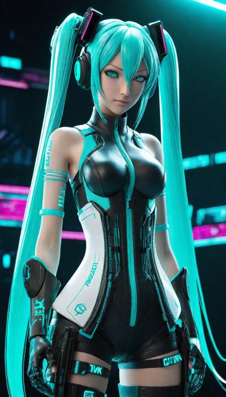 professional 3d model Hatsune Miku, (reimagined in a cyberpunk universe), (cyberpunk style), (cyberpunk), (cyberpunk outfit), (punk hair), augmentation, cybernetics, cinematic scene, hero view, action pose, beautiful 8k, masterpiece, best quality, high quality, absurdres . octane render, highly detailed, volumetric, dramatic lighting