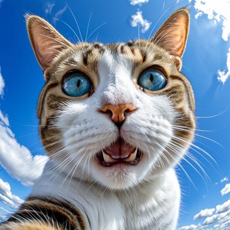 close-up cat taking a selfie, fisheye effect style, happy mood, strong facial expression, blue sky background with cirrus clouds,
