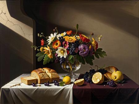 a painting of a still life by Crvgg, no humans, food, grape, indoors, glass, flower, bread, caravaggio, <lora:caravaggio_resize:0.8>