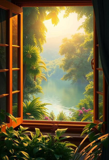 Cozy home window scene overlooking a vibrant jungle with a serene lake, warm natural lighting, highly detailed, photorealistic, digital painting, lush greenery, tranquil atmosphere, by Thomas Kinkade and Eyvind Earle, 4k resolution, masterpiece