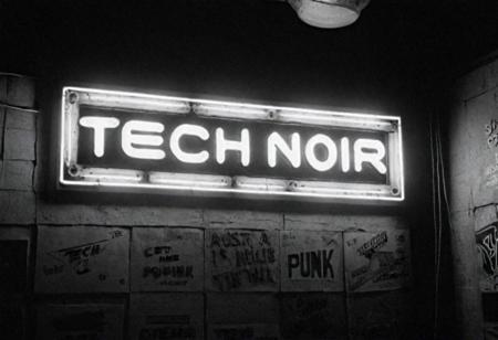 cinematic, ((black and white, monochrome, greyscale)), photograph, in 1985, inside of a punk nightclub, a neon sign says "TECH & NOIR' on a wall, focus on sign, noise, detailed, high quality, cinematic lighting, contrast, heavy dynamic shadows, atmospheric,