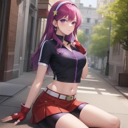 (masterpiece, best quality:1.2),illustration,8k,hd,1girl,solo,purple hair,fingerless gloves,purple eyes,long hair,cropped shirt,short sleeves,star hair ornament,breasts,jewelry,earrings,navel,belt,midriff,red skirt,hair ornament,white hairband,bike shorts,socks,shoe,<lora:Asamiya Athena-02:0.5>,