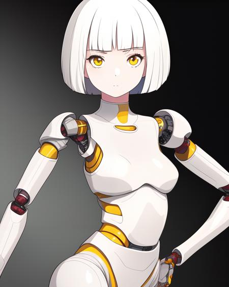 <lora:Sukabu:0.8>
1girl, solo,  android,  white porcelain body with gold trim, mechanical parts,, robot joints, white hair, bobcut, yellow eyes