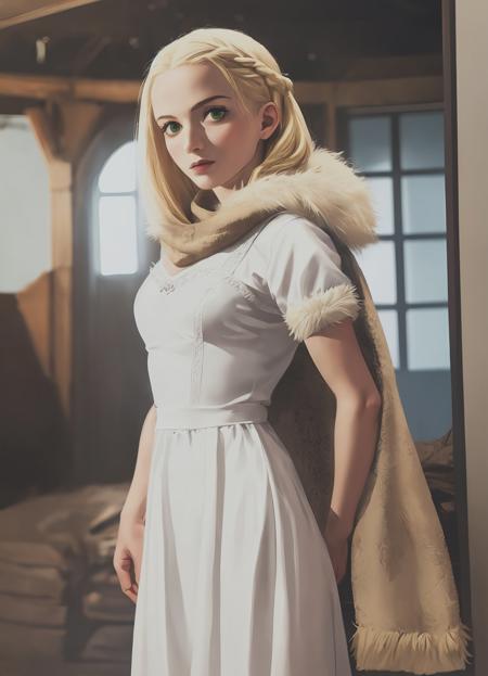 <lora:witcher-ciri:0.8>, witcher-ciri, 1girl, solo, green eyes, blonde hair, braid, fur scarf, indoors, short hair, white dress, small breasts, presenting body