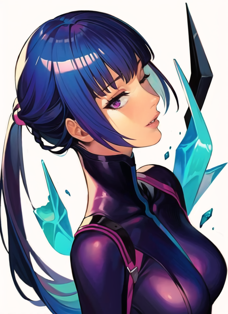 hungry clicker,  1girl, blue hair, blunt bangs, bodysuit, breasts, from side, half-closed eyes,  high collar, ice, long hair, long sleeves, medium breasts, parted lips, purple bodysuit, purple eyes, solo, upper body, ((masterpiece)) <lora:hungry_clicker_offset:1.2>