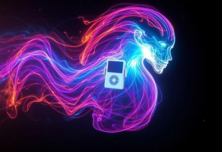 A spectral and incorporeal energy entity, glowing with radiant, pulsating colors. Its form shifts constantly, blending hues of electric blue, neon violet, and radiant gold, with streaks of fiery red coursing through its swirling, ethereal body. This being exudes an aura of immense power and wisdom, its edges shimmering with fractal-like energy patterns.
A vibrant core of pure white light pulses at its center, casting an otherworldly glow that illuminates the dark void around it. Despite its enigmatic and ancient presence, the being wears a vintage iPod clipped to its glowing form, connected to sleek white earbuds that somehow stay suspended near what might be its head. The iPod, a stark contrast to its cosmic appearance, shines with the distinct white glow of the iconic Apple design, featuring a classic click wheel.
Surrounding the entity are arcs of crackling energy and faint traces of luminous particles, creating a mesmerizing dance of light and shadow. The environment is a vast, shadowy expanse, punctuated by stars and nebula-like swirls of color, with a subtle nod to the vibe of the iconic Apple iPod commercials: a futuristic yet nostalgic fusion of light, sound, and style.