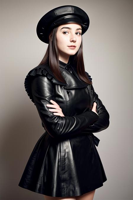 A radiant photography with a remarkably intricate vivid setting portraying an Elegant young lady looking like OlgaP1nup1, by Nicola Samori, She has a slightly rounded face, with a slight smile, She is wearing a white dress with a black beret, and a black leather jacket, a black knee-length skirt, and black leather boots