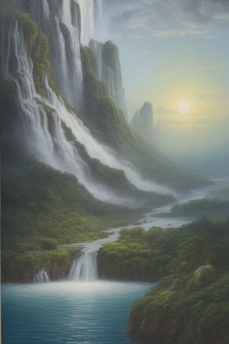 Ghiblistyle fantasy oil painting of a lush alien world, there is a large island floating in the sky.  There is a majestic waterfall coming from the floating island