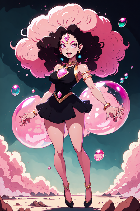 <lora:Su_Inspo:0.8>  big hair, black hair, breasts, bubble, forehead jewel, full body, giantess, jewelry, looking at viewer, pink hair, pink skin, short hair, solo, teeth, upper body