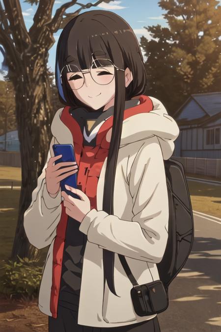 best quality, masterpiece, highres, solo, {toba_minami_yurucamp:1.15}, long_hair, bangs, closed_eyes, glasses, thick_eyebrows, black_hair, brown_hair, smile, closed_mouth, 1girl, holding, holding_phone, outdoors, phone, sky, cellphone, round_eyewear, jacket, hood, upper_body, blue_sky, blush, day, night, night_sky, tree