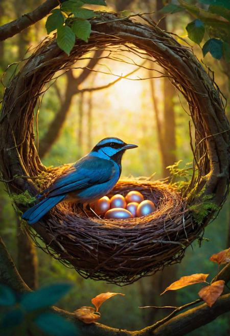 Insanely detailed illustration, beautiful composition!! A bird nestled in her nest, set against the backdrop of a forest at twilight. The nest, glowing with a soft, luminescent light, cradles the bird as she watches over her eggs. The forest around her is bathed in the gentle hues of dusk, with shadows and light playing across the leaves and branches. The scene combines the real with the surreal, creating an atmosphere of enchanting tranquility and natural magic. The bird and her nest are depicted with hyperrealistic detail, each feather and twig rendered with precision, glowing subtly as if illuminated by an inner light. The overall effect is ethereal, blending the bird and her nest seamlessly with the mystical forest environment, as if they are an integral part of this magical world. The colors are deep and vivid, adding to the intense and infinite feel of the scene.