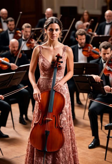 Masterpiece, High Details, HD, 8K, Photorealistic perfect, High Quality, woman in a formal evening gown, in front of an orchestra, playing a cello made of wagyu