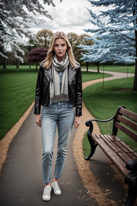 <lora:betty_gilpin_lora_v1> betty_gilpin, 1girl, blonde hair, long hair, looking at viewer, solo, full body, standing, sunny day, city park, trees, grass, sidewalk, old fashioned bench, <lora:add_detail:0.8> intricate detail, windy day, leather jacket, grey scarf, blue jeans, sexy, depth of field, professional photograph, cinematic lighting, sharp focus, facing viewer, realistic plants, realistic lighting