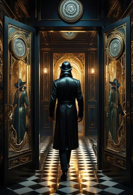 A masked figure walks through mirrored doorways, each leading to a scene of surreal metamorphosis framed like a tarot card, cinematic romantic realism, digital fantasy painting, moody atmospheric lighting, elegant figurative drama, emotional storytelling in fantastical settings, wind-swept landscapes, mythic creatures, richly textured costumes, stylized light and shadow, dramatic fantasy romance, noir-inspired composition, heroic intimacy, epic mood, enchanted realism, narrative-driven digital illustration, timeless glamour in mythic worlds, fantasy noir aesthetic