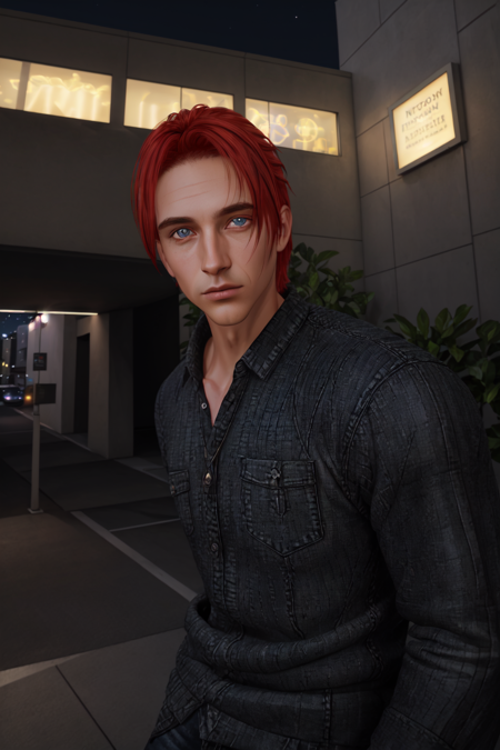 Highly detailed RAW color Photo, dynamic lighting, light bokeh, tanned skin, tan, Charlie Pe'kova, 1boy, male focus, mature male, solo, looking at viewer, short hair, blue eyes, shirt, red hair, building, extremely detailed, (highly detailed, hyperdetailed, intricate), ((DAY TIME)), (lens flare:0.7), (bloom:0.7),raytracing, detailed eyes, detailed face,  <lora:Charlie:0.7> Best_QualityPos Earth-QualityPos DSLRQuality-Realism EpicMix-TshirtJeansSetting