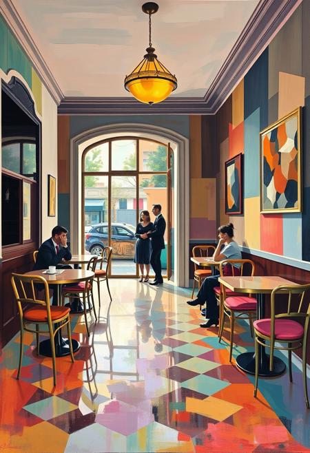 A serene café scene where the furniture and figures are sharply defined, yet the walls and floor vibrate with fragmented color
geometric abstraction meets precise realism, bold vibrant colors with muted structured backgrounds, figures in elegant poised stillness, theatrical yet modern atmosphere, surreal balance of movement and stillness, fine painterly textures with rhythmic composition