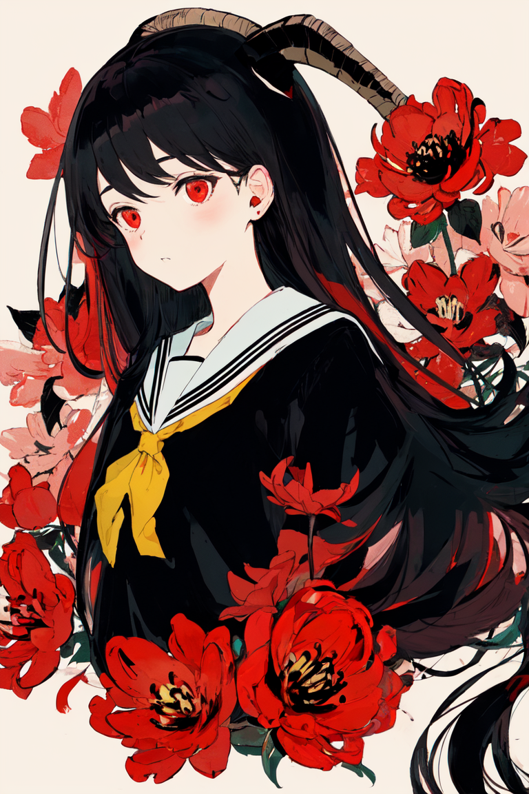 masterpiece, best quality, flat color, limited palette, low contrast,
1girl, serafuku, long straight black hair,
lycoris f...