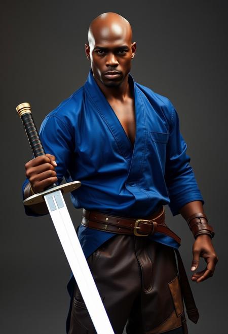 Handsome bald black man with royal blue gi shirt, glowing silver rapier, leather belts, leather patchwork pants