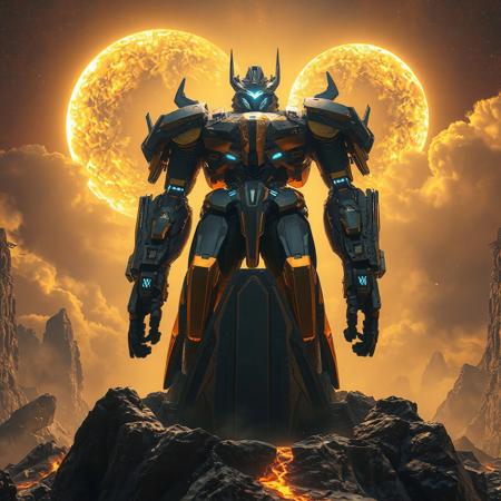 "Epic 3D render of Super Quantal Mech King Great Magnus, a towering mechanoid with obsidian-black armor plates edged in radiant gold, crowned by a polished tungsten-steel head glowing with azure energy visor. Standing in a commanding pose atop a floating monolith on Primeval Planet Perlereino, its stance radiates power as crystalline energy surges from its reactor core. The alien world features colossal bioluminescent geodes, rivers of liquid mercury, and a nebula-streaked sky with twin collapsing stars. Dramatic low-angle shot using Unreal Engine 5 ray tracing, Octane Render hyper-textures, and Raphael-style chiaroscuro lighting. Metallic surfaces reflect holographic storm clouds, while splash ink effects on the terrain blend with Houdini-style particle simulations. 8K resolution, ArtStation-trending composition, golden ratio framing, dominated by solar yellow and void black with chromatic sci-fi accents."
