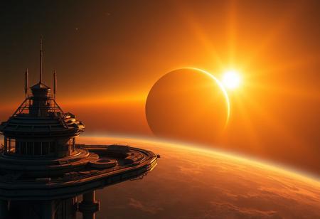 (8k, best quality, masterpiece:1.2), ultra-detailed, Masterpiece, realistic lighting, long-range perspective, maintenance-ring, battle-repair station, spaceship, beautiful golden lighting as the sun peaks out from behind a planet. its atmosphere creating a beautiful golden crescent shape.