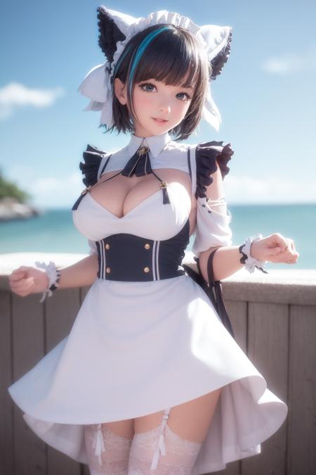 masterpiece, best quality, light, depth of field, detailed face, face focus,

1girl, looking at viewer, cheshire (azur lane), solo, cleavage, multicolored hair, large breasts, wrist cuffs, looking at viewer, dress, streaked hair, smile, maid headdress, paw pose, frills, open mouth, white background, maid, animal ears, blush, bangs, aqua eyes, sparkle, ribbon, apron, fang, purple hair, :d, black hair, two-tone hair, white thighhighs, blue hair, thighhighs, standing, hairband, blunt bangs, frilled hairband, puffy sleeves, short hair, blue eyes, frilled dress, crescent, detached sleeves, cowboy shot,

ocean, cloudy sky, sky, morning, sand, sea, battleship, heavy cruiser, harbor, simple background

<lora:hmsCheshireAzurLane_delta:0.66>