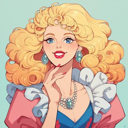 hud_millirob, 1girl, blonde curly hair, blue eyes, solo, dress, jewelry, retro artstyle, smile, lipstick,