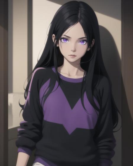 1girl, black long hair, upper body, sweater, purple eyes, looking at viewer, <lora:osoruReal:1>, masterpiece, best quality,