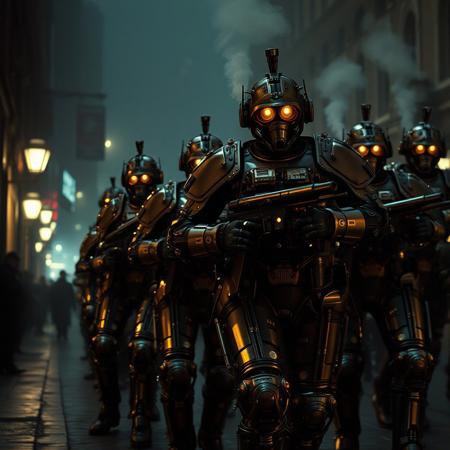 (Ultra-realistic, 32k, Masterpiece, High Quality, Detailed Realistic Background, Official Art, Realistic Lighting, filmfotos, film grain, reversal film photography)In the dark streets of a steampunk city, the Church’s Mechanical Defense Divisions patrol with unwavering precision. These soldiers, towering and metallic, are adorned in Victorian-era, steampunk armor—mechanized suits with brass and iron exoskeletons, powered by hissing steam engines. Their eyes glow with dim, artificial light, scanning the surroundings. Gears turn, pistons pump, and exhaust steam rises from their backs as they march in perfect formation. Their weapons, a mix of steam-powered rifles and mechanical gadgets, reflect the industrial prowess of their order. Under moody, cinematic lighting, the eerie hum of their machines fills the quiet, chaotic night.