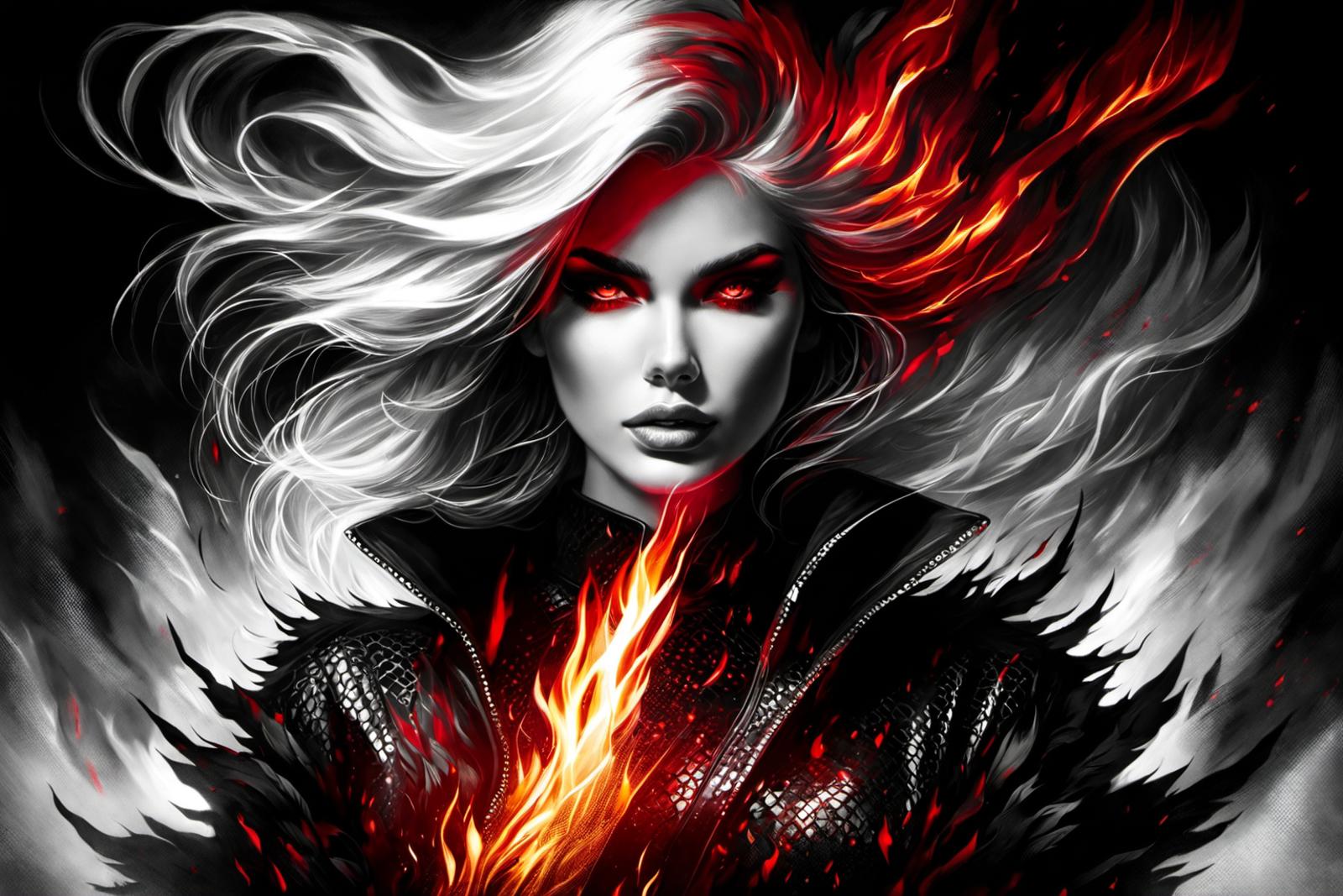 Artistic portrait of a woman with flaming hair and red eyes.