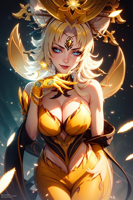 (yellow phantylia),
(masterpiece, best quality, ultra-detailed), (beautiful detailed face, beautiful detailed eyes, volumetric lighting),
1girl, solo, cowboy shot, 
evil smile, hand on own cheek, 
blonde hair, very long hair, blue eyes, yellow dress, 
(beautiful detailed background:1.2), (light particles, lens flare, chromatic aberration:1.3),