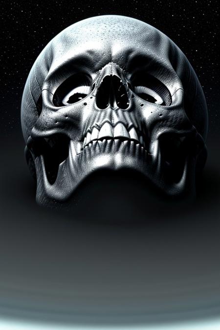 A close-up photorealistic image of a crystallic floating skull facing the viewer with its mouth open, pouring from it's mouth a shimmering liquid resembling the universe onto the ground, filled with rich stars and swirling galaxies. A simple void background enhances the dark atmosphere, shrouded in fog, capturing the hypnotic flow and shimmer of the cosmic liquid, from below view, side view,