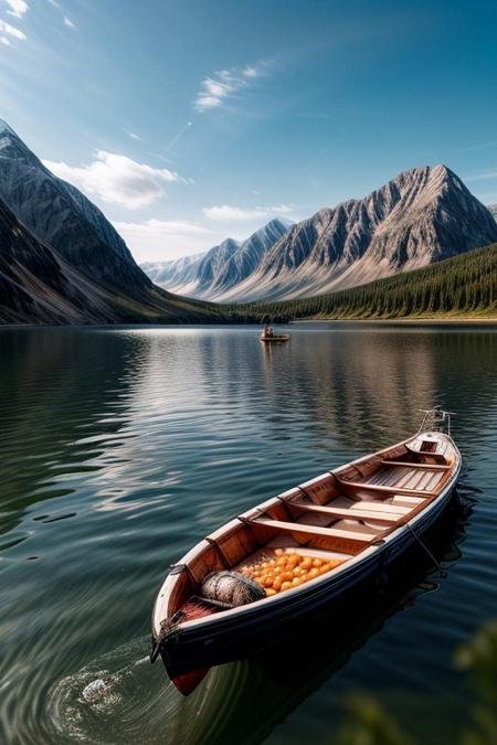 masterpiece, best quality, ultra-detailed, realistic, 8k, RAW photo, distant-view, (fisherman fishing on small boat in the middle of the lake, small fish were flying on the water around the fisherman:1.37), award winning realistic photography, morning, a bit cloudy, scenery photography, perfect shadow, perfect natural lighting, rich colors, perfect composition, perfect colors, flawless complexion photo, perfect intricate detailed, lakes, surreal, lifelike, real life scenery photo, top quality, trending on artstation, meadows, glitter, prettiest landscape, all kinds of flowers, fantastic, stunning, outstanding, breathtaking beautiful nature photo, out-of-this-world scenery, perfect reflection on water, depth of field,