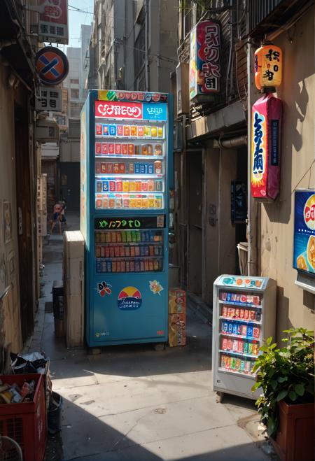 ruanyi0727,outdoors,alley,vending machine,lantern,storefront,utility pole