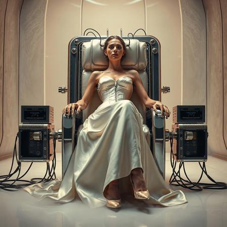 A slender, arrogant  rich norvegian bride, reclined in a polished steel chair, dressed in a luxurious, rich fantasy satin wedding gown with a fitted, boned corset accentuating her ultra-thin waist.and a full, flared skirt, paired with satin high heels, orgasm face. The massive electrodes holding her head pressed to the chair headrest,  cabled to a  futuristic superconputer rack. Her hands and ankles are bound to the  chair   by massive steel restraints,   weird fog from the floor. The scene is set in a sterile, empty chamber, with a glossy mother-of-pearl finish, evoking a sense of futuristic dread. Inspired by the cinematic styles of Ridley Scott, Guillermo del Toro, and H.R. Giger, with a blend of sci-fi and horror elements, this full-body portrait is a masterpiece of cinematic storytelling, shot on a virtual v-raptor XL camera, with a warm, film-grained aesthetic, subtle vignette, and rich color grading, reminiscent of 35mm film, with dramatic, atmospheric lighting, inviting the viewer to immerse themselves in this epic, stunning scene.