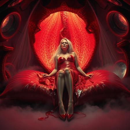 blonde damsel.  lifted glossy nightgown, her glasses askew, glossy high heels, she is laying inside giant rafflesia bloom , red tentacle from the bloom streaming transparent slime to her body,  her legs spreaded wide apart, knees bent,   penetration, orgasm, mind break,   surrounded by  giant rafflesia  glossy  crystal slime covered red colossus petales , reflecting the faint glow of the weird alien laboratory chamber. thin transparent slime curtains, pillow foil canopy,  fog from the floor. floor covered by giant leather pillows.   the walls appear to be alive, covered in a pulsing, iridescent slime, while colossus observation portholes gaze in like empty eyes, as if the very darkness of space itself is watching this horrific scene unfold. Inspired by the dark, industrial sci-fi of H.R. Giger, the eerie, atmospheric lighting of Zdzisław Beksiński, and the surreal, biomechanical nightmares of Francis Bacon.