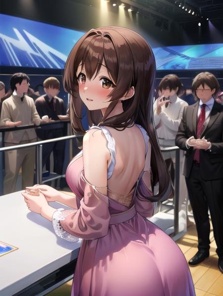 anime artwork, HSEvent, convention hall, multiple people, handshake, 2people, greeting fans, table, girl behind table, anime style, key visual, vibrant, studio anime, highly detailed, <lora:Detail - add_detail:0.2>, <lyco:Event - HSEvent:0.8>,  <lora:Character - ChihoNTR:0.8>, stage, ChihoNTR, brown hair, long hair, brown eyes, blush, 1boy, pink dress, looking at another, happy,