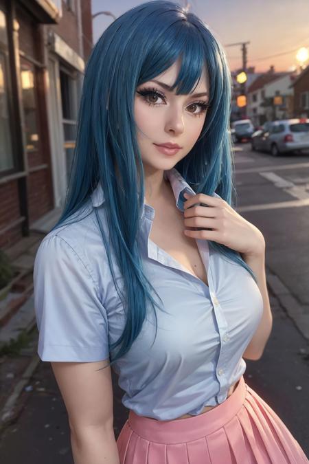 a professional photo of bluehaired chuubuni, wearing a  collared white shirt, asymmetric pink skirt, dynamic standing in the abandoned street goldenhour sunbathing, facelit, ((extremely detailed skin)), (perfect eyes), (((perfect hands))), (curvy hips:0.8), (filmic lighting), (photorealistic:1.2), close up, 8k, dslr, bokeh, ultra high res,  <lora:LowRA:0.4> <lora:Chuubuni:0.8>