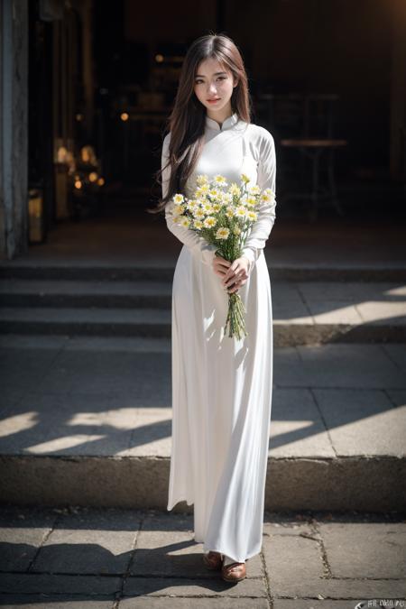 1girl, aodai, photo art, (flower:1.2),<lora:aodai_SD_chiasedamme_v02:0.7>, a stunning photo with beautiful saturation, ultra high res,(realistic:1.4)),deep shadow,(best quality, masterpiece), pale skin, dimly lit, shade, flustered, blush, highly detailed, skinny, BREAK depth of field, film grain, wrinkled skin, looking at viewer, knee, warm smile, (full body:1.2), masterpiece,ultra realistic,32k,extremely detailed CG unity 8k wallpaper, best quality