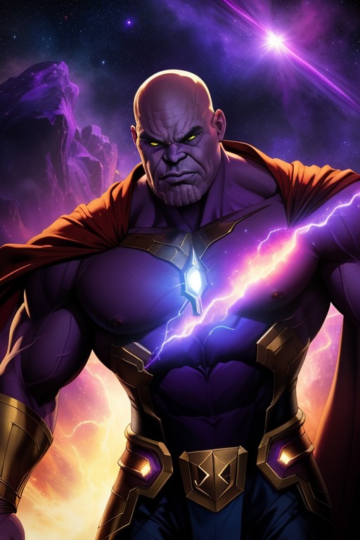 (best quality: 1.2), (masterpiece: 1.2), (realistic: 1.2), stunning angry Thanos, bald, purple cape, nebula space backgrou...