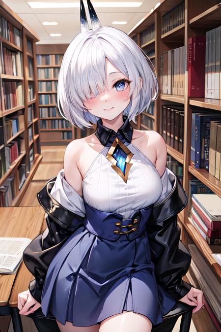 <lora:add_detail:0.5>,masterpiece,best quality,highres,library,looking at viewer,<lora:Bethel-05:0.8>,asbethel,white hair,short hair,hair over one eye,horns,blush,light smile,white shirt,sleeveless shirt,collared shirt,off shoulder,detached sleeves,puffy sleeves,high-waist skirt,blue skirt,black gloves,